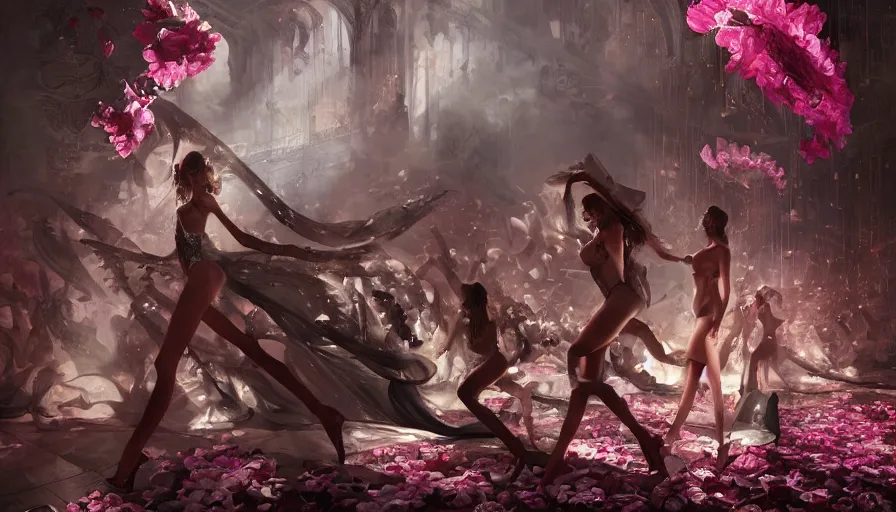 Image similar to victoria secret runway show, light, shadows, reflections, flowers, epic composition, intricate, elegant, volumetric lighting, digital painting, highly detailed, artstation, sharp focus, illustration, concept art, ruan jia, steve mccurry, artgerm and mina petrovic and timothy kong and marina federovna