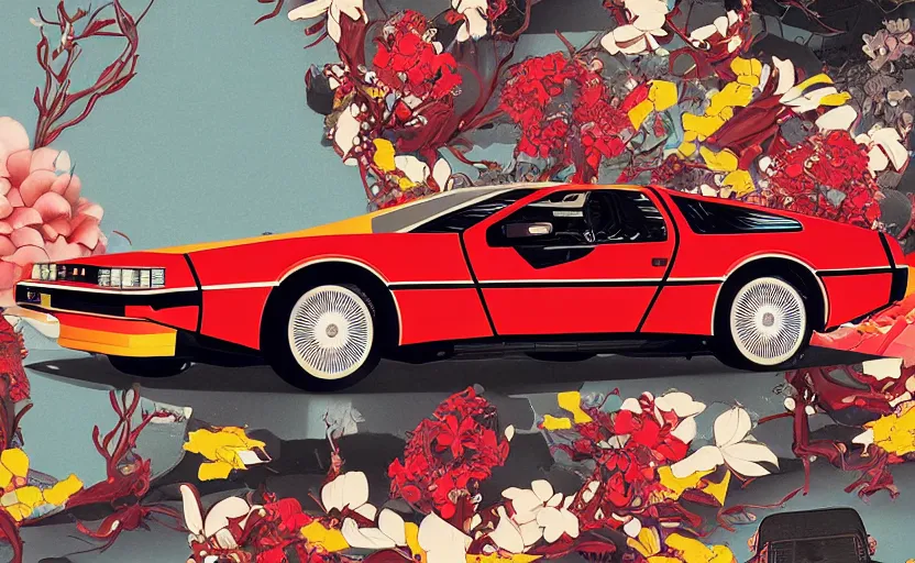 Image similar to a red delorean for a yellow tiger, art by hsiao - ron cheng and utagawa kunisada in a magazine collage, # de 9 5 f 0