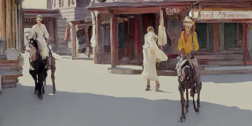 Prompt: beautiful-woman in a crowded old-west-mountain-town Main Street in the style of Fredric Remington