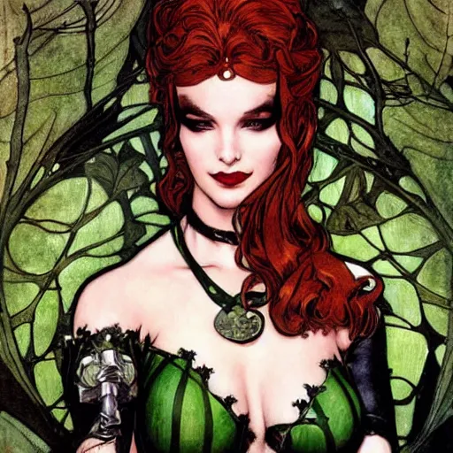 Prompt: a beautiful painting of poison ivy dressed as catwoman, leather armored, dark eyeliner, intricate, elegant, highly detailed, digital painting, artstation, concept art, matte, sharp focus, illustration, art byby rebecca guay and by arthur rackham and by alphonse mucha and by john william waterhouse, comic book style!!