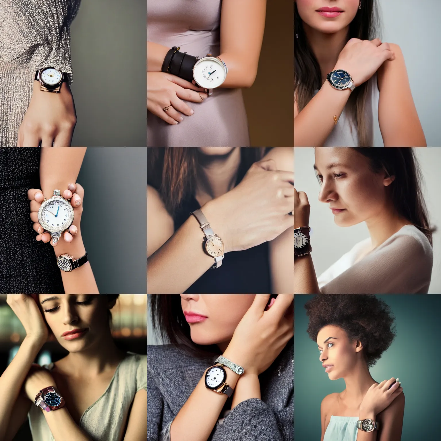 Prompt: close - up of a woman with a watch on her arm and elegantly dressed