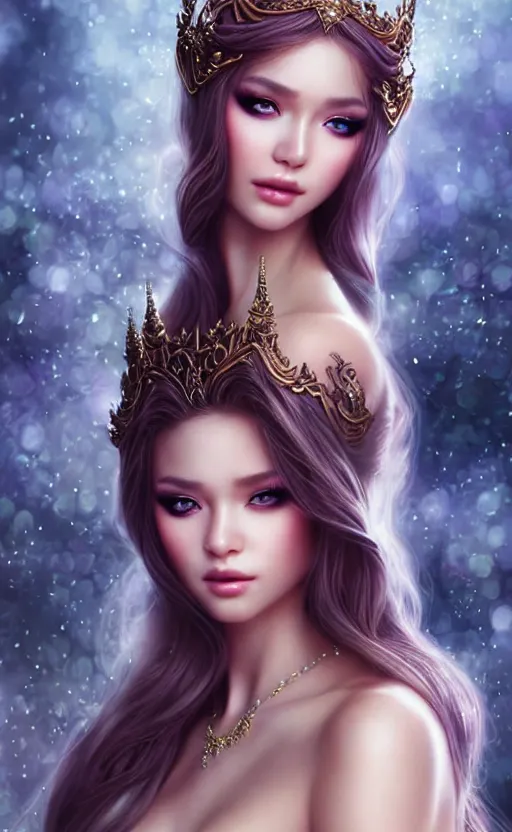 Image similar to a fantasy photo of gorgeous russian female, evening gown, bokeh, medium shot, beautiful face, professionally retouched, soft lighting, realistic, smooth face, perfect eyes, sharp focus, 8 k realistic high definition, insanely detailed, intricate, elegant, art by artgerm and kyoung hwan kim