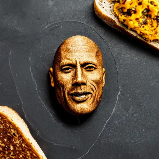 Prompt: artisan mustard in the shape of dwayne johnson's head, spread on toast. food photograph.