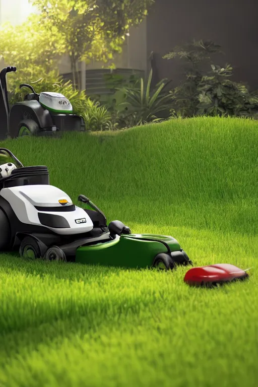 Prompt: a panda driving a lawn mower mowing his lawn, suburban garden, cgsociety and beeple highly detailed, cinematic lighting, illustration, art, octane render, unreal engine lumen, very coherent. cinematic, hyper realism, high detail, octane render, 8 k