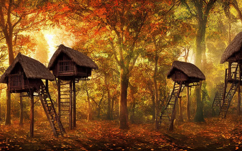 Prompt: a group of tree houses with wooden ladders and thatched roofs, nestled in a forest, golden hour, autumn leaves, realistic high quality art digital art