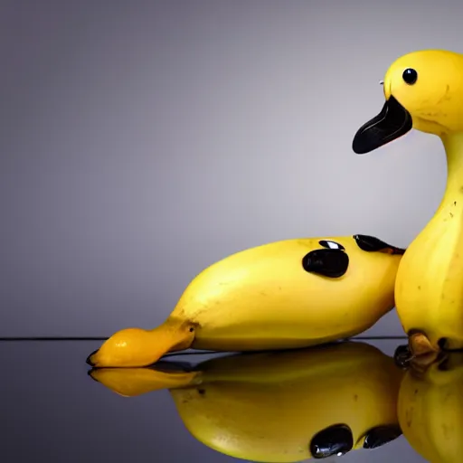 Image similar to professional photograph of banana ducks, peeled bananas with googly eyes and duck beaks