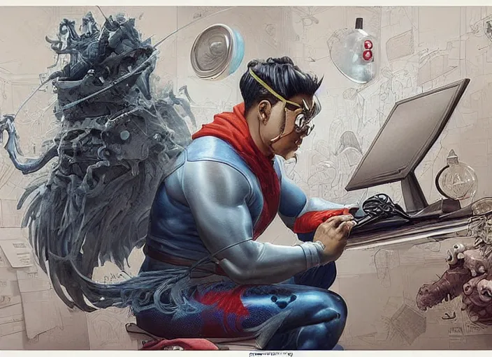 Image similar to an insanely detailed painting of an asian man wearing a homemade superhero costume, sitting at a desk, staring seriously at the computer and typing, in the style of peter mohrbacher, james jean, artgerm, dramatic lighting and composition, surreal background, octane render, pixar, trending on artstation, concept art, comic book, view from behind, 8 k