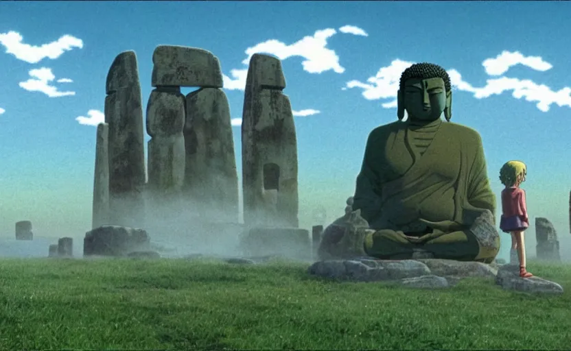 Prompt: movie still from studio ghibli movie showing a highly detailed landscape with a giant long haired buddha in lotus position with stonehenge in the background. 1 9 8 0 s science fiction, 1 9 7 0 s science fiction, cyberpunk, misty, depth perception, 4 k