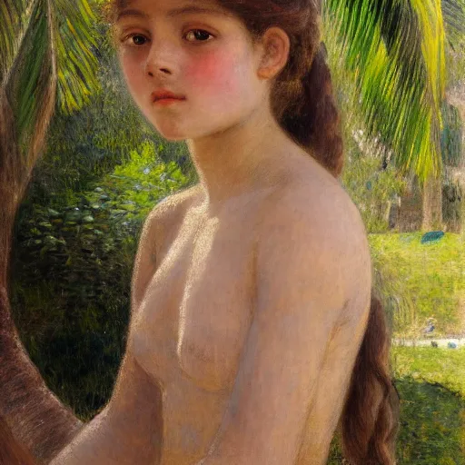 Image similar to a ultradetailed beautiful painting of a girl in the amazonas palace balustrade designed by jules bastien - lepage, tarsila do amaral, frank weston and gustave baumann, beach, trending on artstation, mediterranean, palm trees, detailed face, sharp focus, soft light, 8 k 4 k