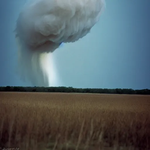 Image similar to a photograph of an f5 tornado in the plains of kansas taken by James Langford