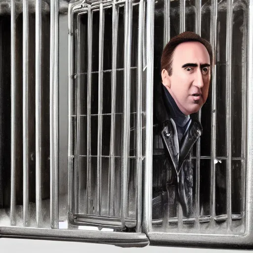 Prompt: nicholas trapped in a cage, the nicholas cage cage, a cage of nicholas, flashlight