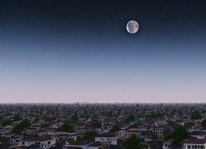 Image similar to thousands of different moons scattered across the sky. thousands of big moons, focus on the sky. thousands of houses in the city, hyperrealism, no blur, 4 k resolution, ultra detailed