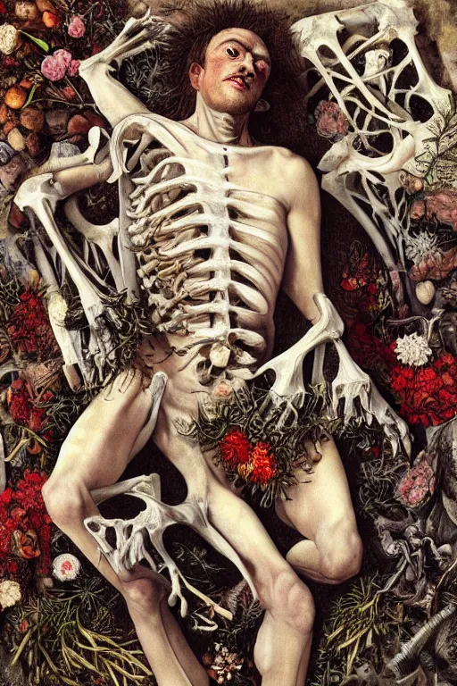 Image similar to a man lying down in bed of bones of flowers, he is sad and has large eyes and lips, very fleshy body, anatomical, HD Mixed media, highly detailed and intricate, surreal illustration in the style of Caravaggio, baroque dark art