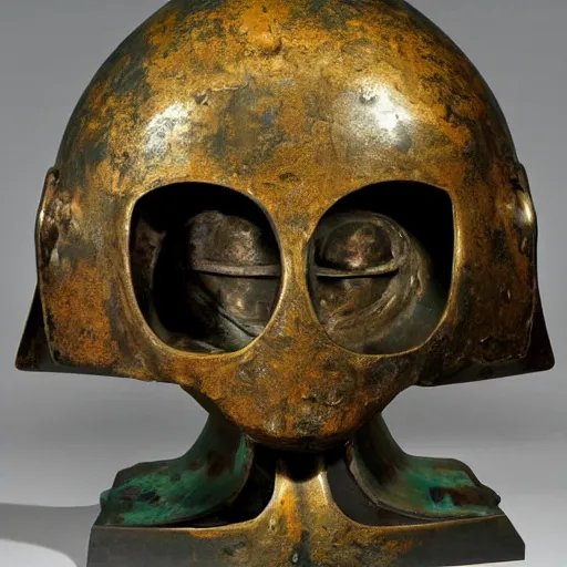 Image similar to a martian artifact in a museum with a placard, bronze, old, alien, verdigris, mechanical