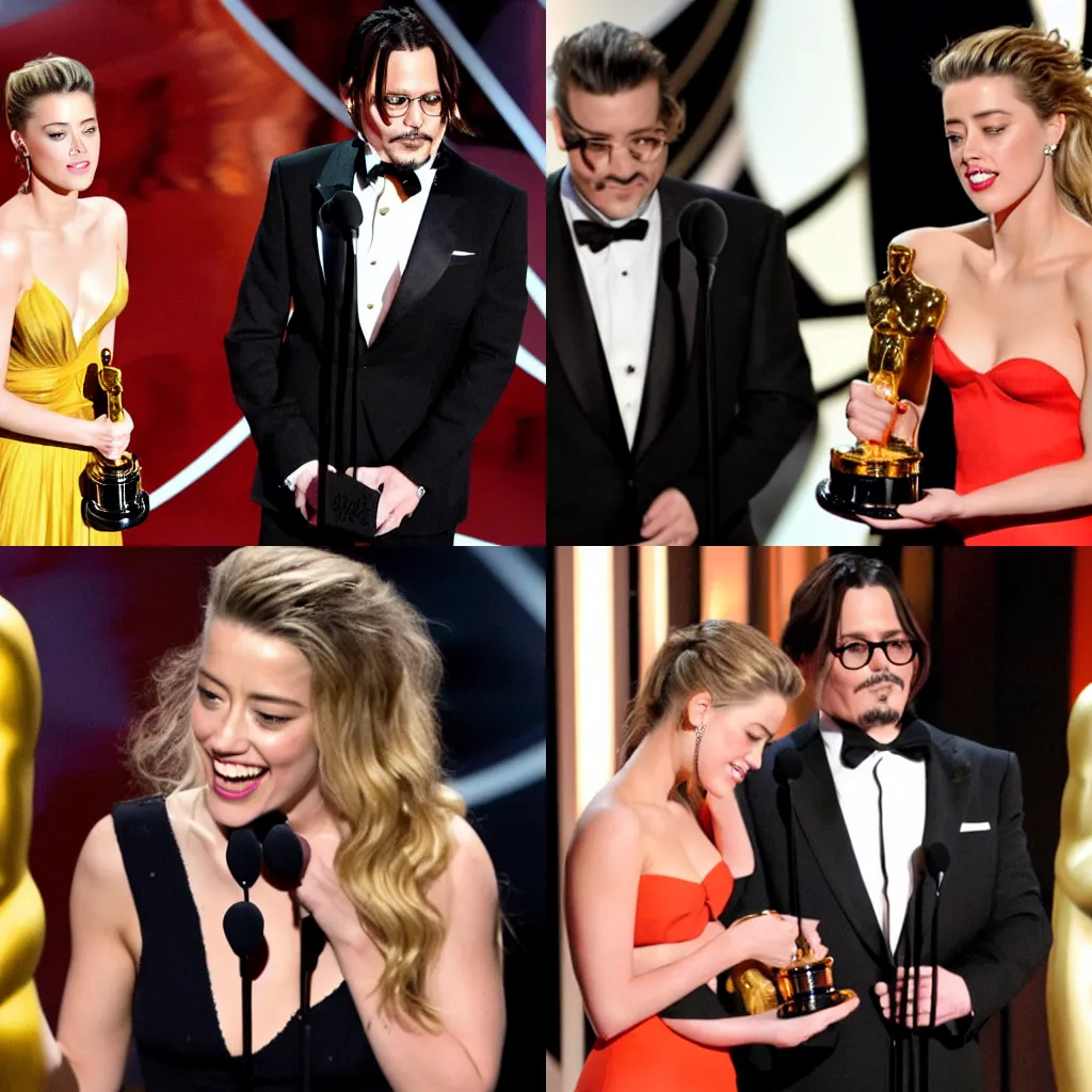 Prompt: Amber Heard crying while accepting the Academy Award for Worst Actress with Johnny Depp laughing in the backround