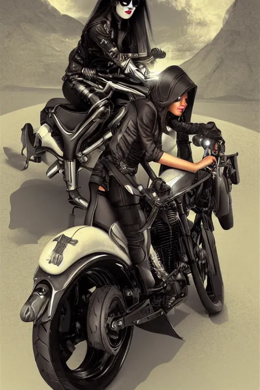 Image similar to woman ride skull motorcycle, high definition, 8 0 m. m lens, realistic, art by jacqueline e, mongezi ncaphayi, color by bo feng lin, trending deviantart