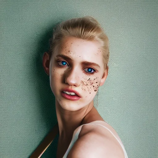 Prompt: Portrait photography of a Blonde Girl, Young Beautiful Face, Green Eyes, Freckles, Wearing a white crop-top and jeans, with a subtle smile, Detailed, 8K, Epic, Charming, Character, Octane Rendering, Hyper Realistic