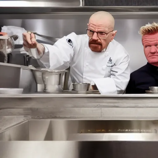 Image similar to walter white in a stareoff with gordon ramsay, high quality image