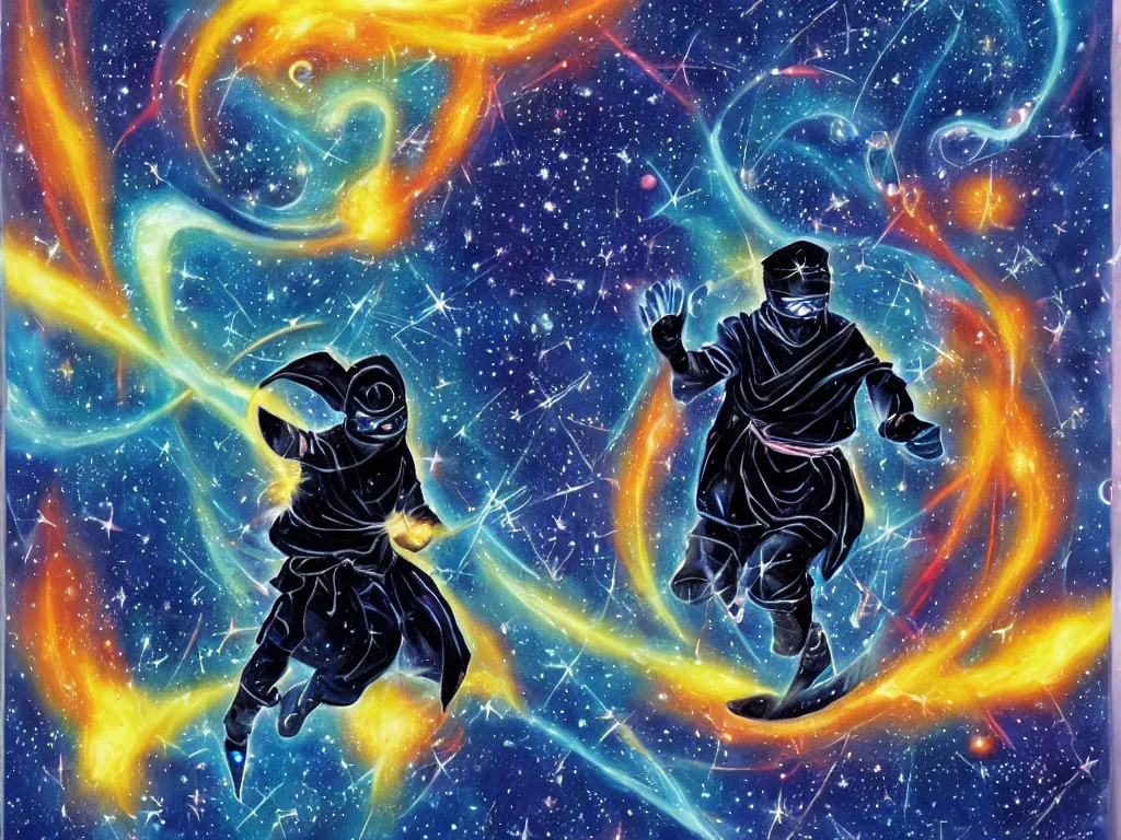 Prompt: A cosmic ninja running through a blue light of transformation