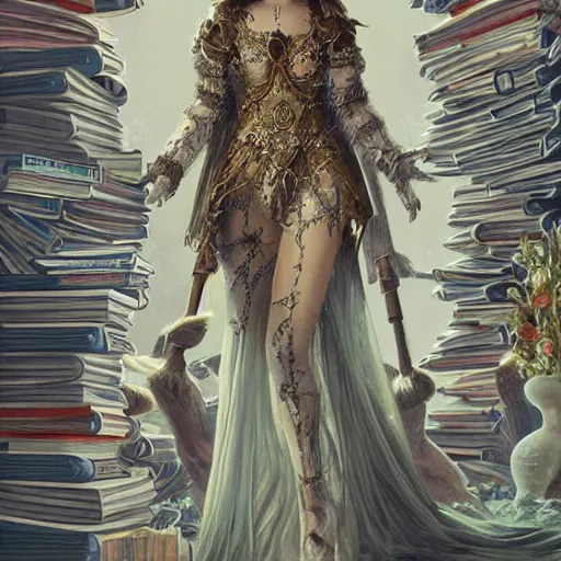 Image similar to a portrait of ana de armas as the goddess minerva, surrounded by stacks of books, bioluminescent gown with deep level of detail of esoteric symbols, urban motifs, intricate, elegant, highly detailed, digital painting, trending on artstation, concept art, smooth sharp focus, illustration, art by artgerm and greg rutkowski