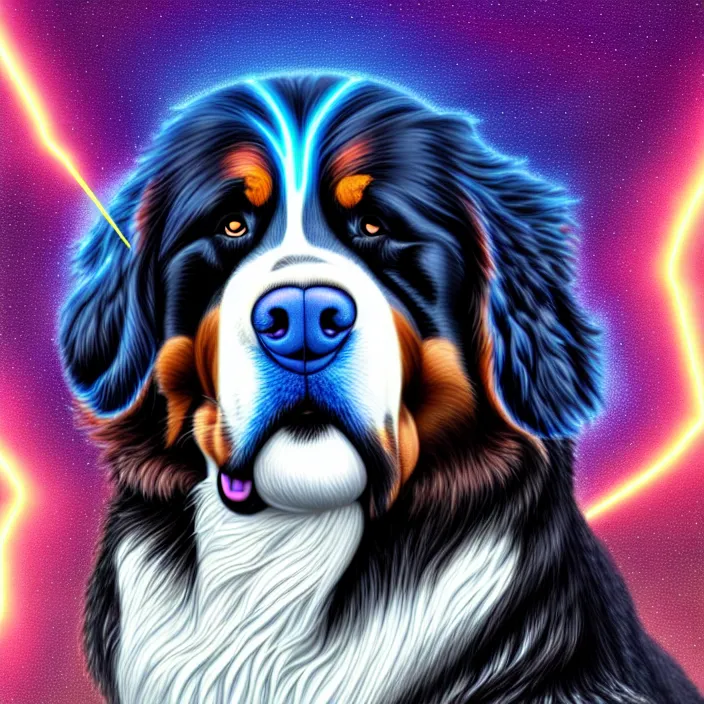 Image similar to an anthropomorphic male bernese mountain dog as zeus, shooting lightning bolts from his paws, by alex grey, intricate details, artstation, furry, psychedelic, hd, beautiful