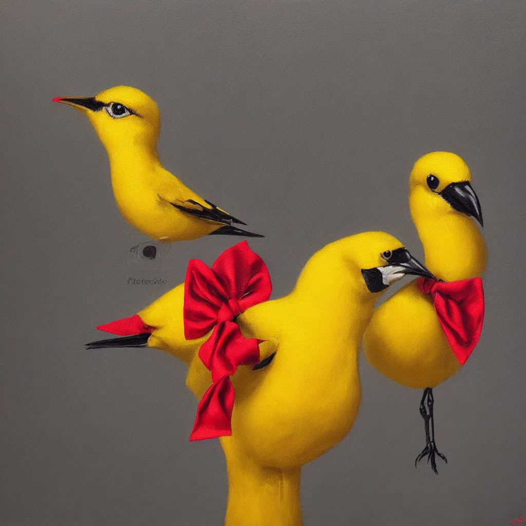 Image similar to A beautiful and elegant oil painting of a yellow bird wearing a crown and a red bow tie, 50mm lens, studio lighting, oil painting, matte, close up, 4k, by Sandro Boticceli