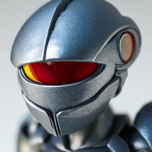 Image similar to helmet portrait of a figurine of samus aran's varia suit from the sci - fi nintendo videogame metroid. shallow depth of field. suit of armor.