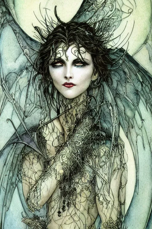 Image similar to dark fairy handsome male face closeup surrounded by a circular frame of bat wings, art by luis royo and walter crane and kay nielsen, watercolor illustration, ultra sharp focus