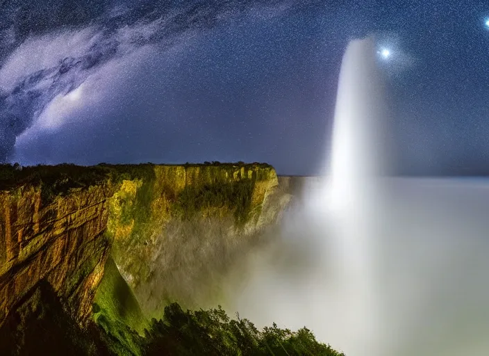 Image similar to a long capture photo of a magical waterfall, high cliff, night, stars in the sky