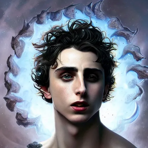 Image similar to ultra realistic upper body portrait of a herculean hulking timothee chalamet as erebus, the god of darkness and shadow, solar eclipse, digital art by artgerm and karol bak