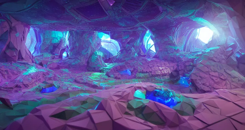 Prompt: a beautiful 3 d artwork, low poly, level design, insanely detailed, technological, cosmic space themed mini putt course, sharp focus, ethereal, ambient, volumetric lighting, concept art, intricate, smooth, dynamic, subsurface scattering, wide angle, horizontal orientation, very coherent, hyper realism, behance, ray tracing, 3 d render, 8 k
