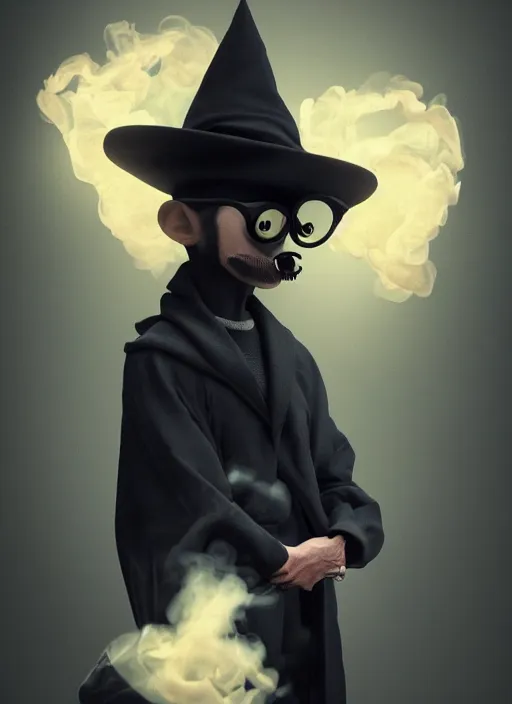 Image similar to an anthropomorphic beautiful male scientist portrait blowing smoke wearing black hoodie robe, binocular, fine art, award winning, intricate, elegant, sharp focus, octane render, hyperrealistic, wizard hat cinematic lighting, highly detailed, digital painting, 8 k concept art, art by jamie hewlett and z. w. gu, masterpiece, trending on artstation, 8 k