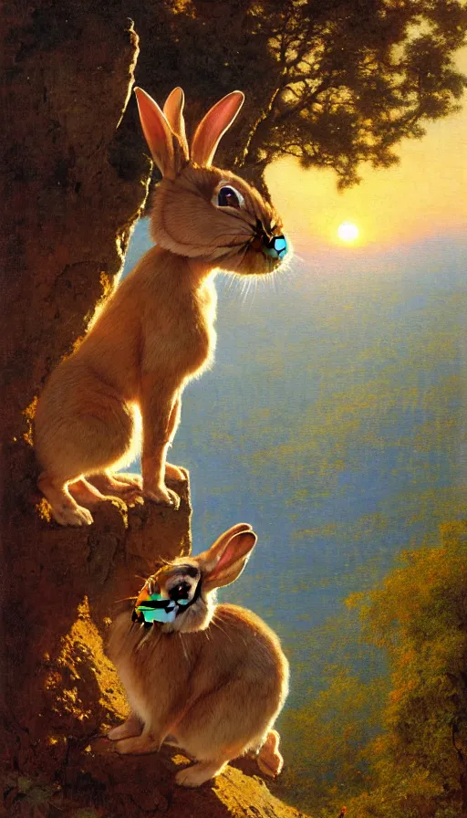 Image similar to hyper realistic rabbit looking off of a cliff, sun setting behind rabbit, lush forest in valley below, painted by gaston bussiere, craig mullins, j. c. leyendecker 8 k