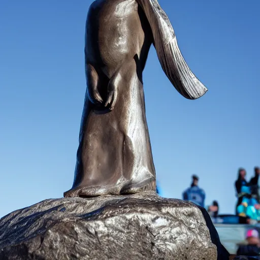 Image similar to humans praying to a statue of a giant obsidian evil baby harp seal ultra modern statue, Leica, 4k photo