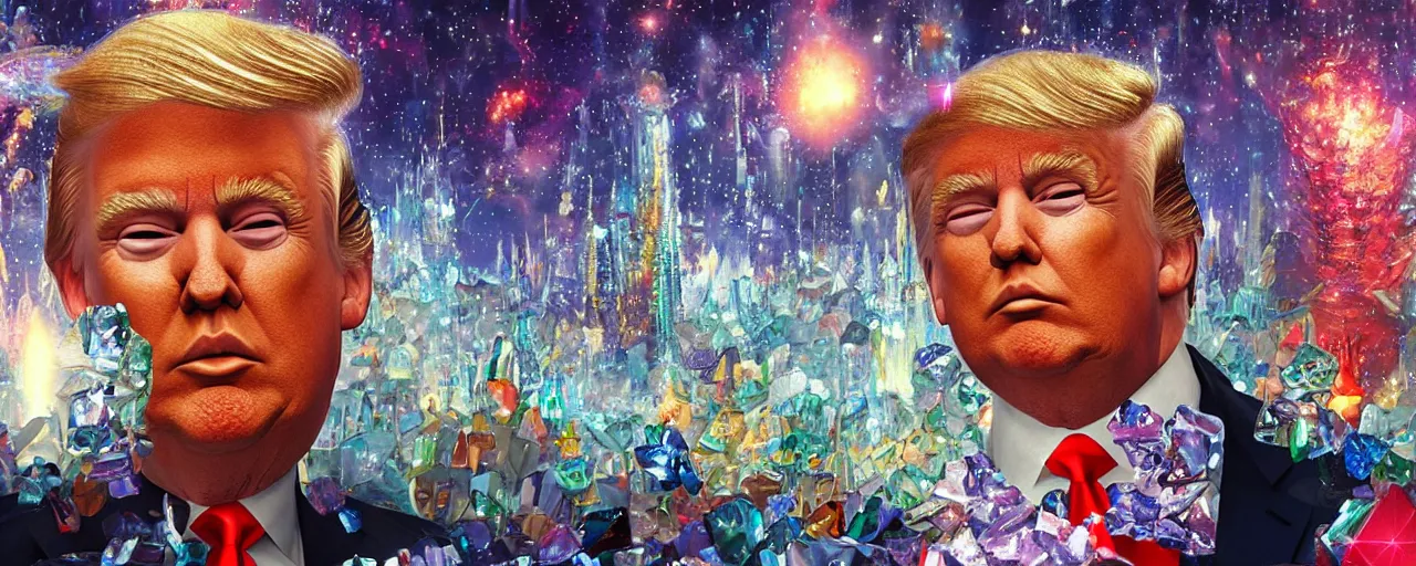 Image similar to donald trump made of shiny diamonds and crystals, [ shards, facets, by paul lehr, cinematic, detailed, epic, widescreen, opening, establishing, mattepainting, photorealistic, realistic textures, octane render ]