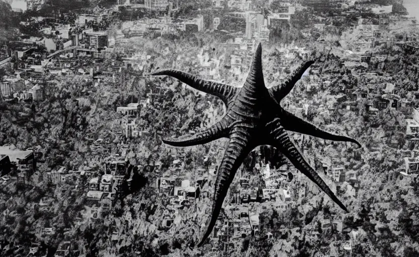 Prompt: found drone footage of a giant Kaiju monster with starfish-like arms, trampling over Pyongyang, long cast shadows, rimlight, film grain, underexposed, epic action, monochrome