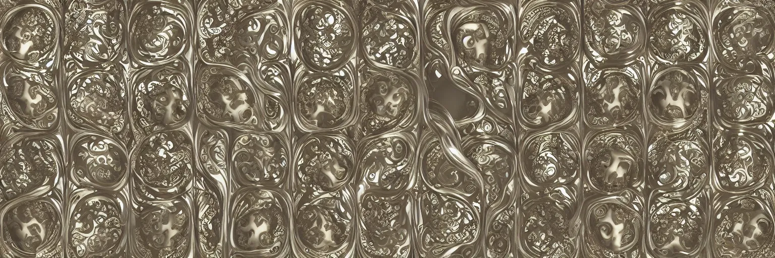 Prompt: seamless damask pattern of beautiful cybernetic baroque robot, beautiful baroque metallic face + body is clear plastic, inside organic robotic tubes and parts, front facing, wearing translucent baroque rain jacket, rococo frame + symmetrical composition + intricate details, hyperrealism, wet, reflections + by alfonse mucha, no blur