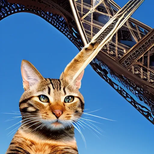 Prompt: high-resolution photograph of a giant cat riding the eiffel tower