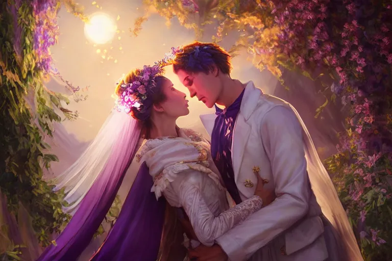 Image similar to a dreamlike cinematic portrait of wedding photograph close up moment of a divine a russia sun god and moon goddess lovers magician at a wedding banquet. portraiture. digital painting. artstation. concept art. fantasy wedding photo. digital painting, 8 k realistic, hyper detailed, violet evergarden art masterpiece by art by krenz cushart