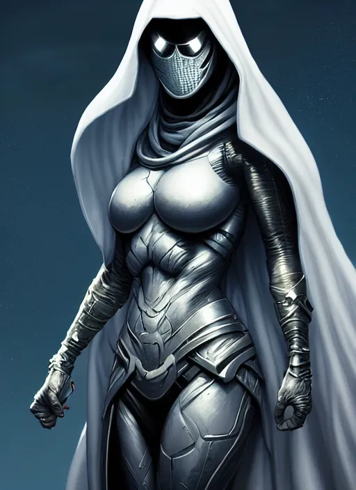 Image similar to female moon knight, hyper detailed, digital art, trending in artstation, cinematic lighting, studio quality, smooth render, unreal engine 5 rendered, octane rendered, art style by klimt and nixeu and ian sprigger and wlop and krenz cushart