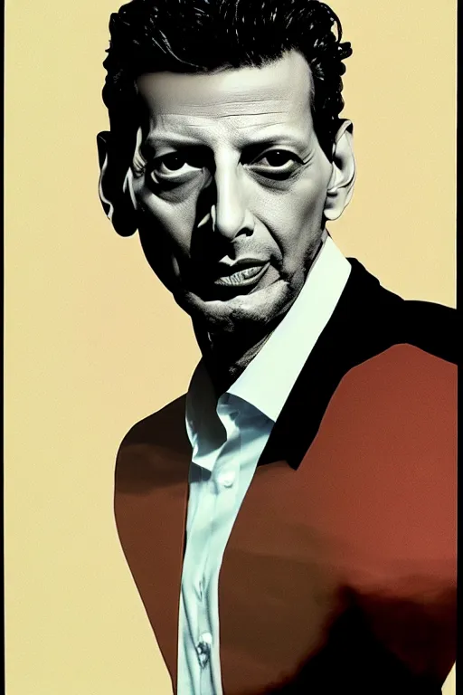 Prompt: double exposure composite portrait of jeff goldblum, floating head portrait, one profile and one facing, jc penney studio, 1 9 8 5, color