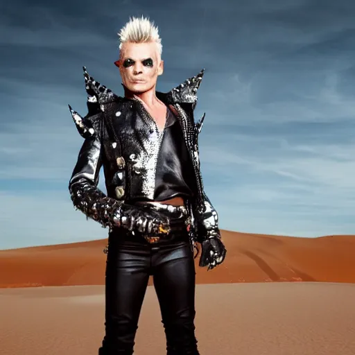 Prompt: portrait billy idol dressed in fantasy fashion, alexander mcqueen, shiny metal, standing in a desert