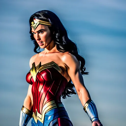 Image similar to A wide angle shot of athletic Wonder Woman from Justice League movie with athletic body, stunning photograph, 200mm F/2.0