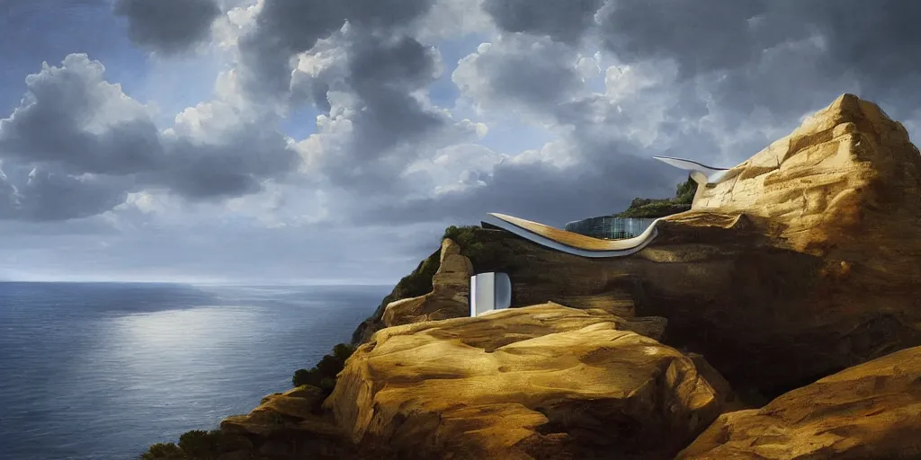 Prompt: beautiful oil matte portrait painting, modern house on top of a cliff designed by zaha hadid, wonderful masterpiece highly detailed, beautiful cinematic light deep focus, elegant, digital painting, smooth, sharp focus, golden ratio, dramatic illumination, ultra realistic, 8 k, art by artemisia lomi gentileschi and caravaggio