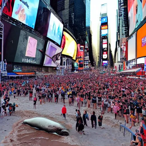 Prompt: a photo of a beached whale, surrounded by a crowd, in times square