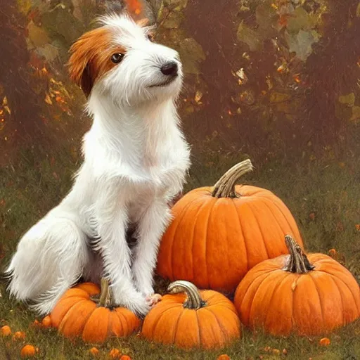 Image similar to a very cute scruffy long haired jack russell terrier puppy, white with brown spots and a brown patch over each eye, amidst piles of pumpkins. halloween autumn fall art. beautiful painting by artgerm and greg rutkowski and alphonse mucha