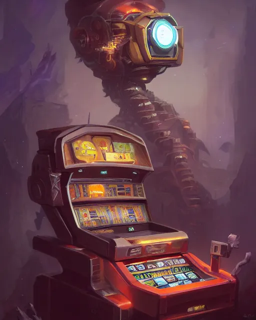 Image similar to robotic slot machine [ thing ], lights, tiny, small, short, dnd character art portrait, matte fantasy painting, deviantart artstation, by jason felix by steve argyle by tyler jacobson by peter mohrbacher, cinema