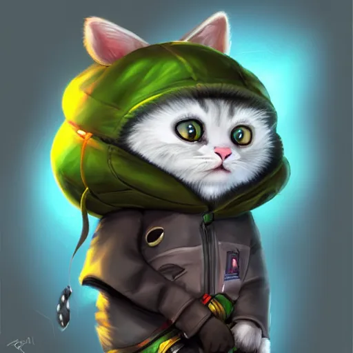 Image similar to portrait of a grey american shorthair cat as teemo from league of legends, digital painting, artwork by ross tran + ramond swanland + liam wong