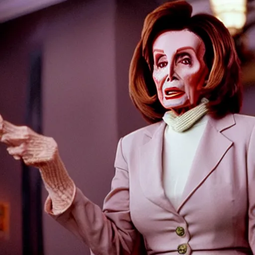 Image similar to film still of nancy pelosi as zuul in ghostbusters.