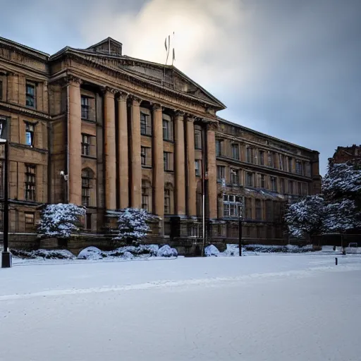 Prompt: university of Leeds Parkinson's building, snowy, 8k, ultra realistic, dramatic lighting, wide shot